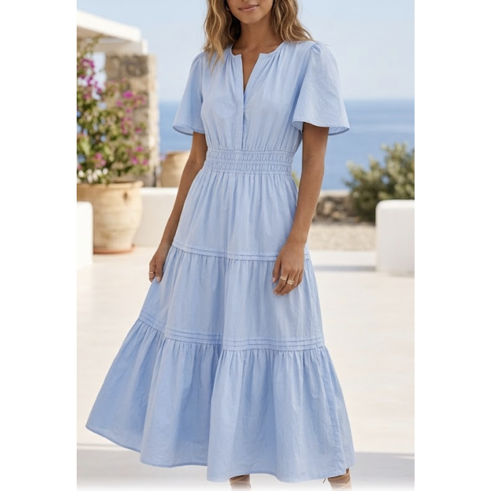 MABLE Dress Womens Medium Light Blue Flutter Sleeve Tiered Ruffle Midi Cotton